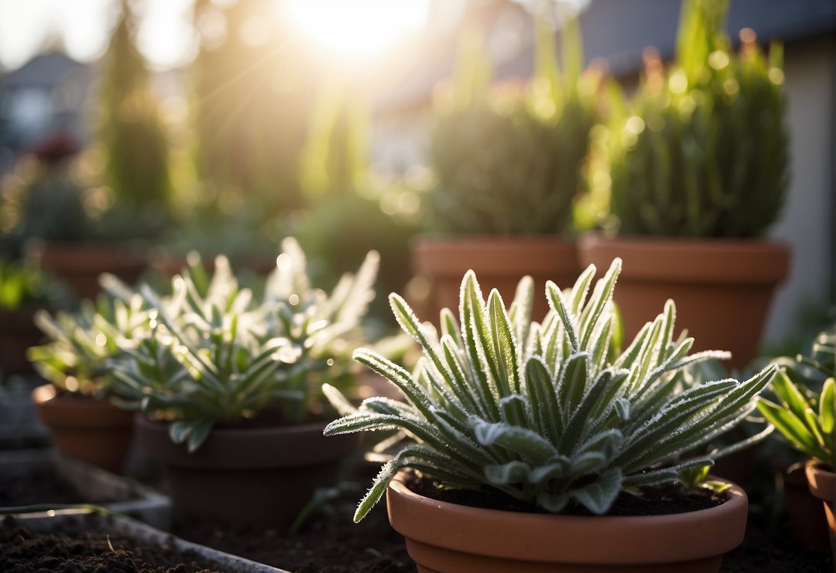 Bright sunlight filters through a frost-covered garden. Potted plants are carefully selected and arranged to withstand the harsh winter conditions