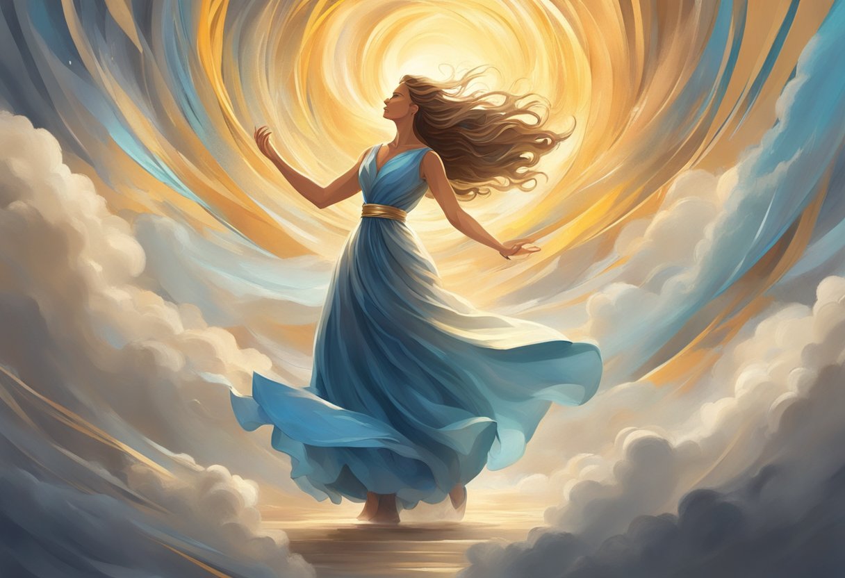 A figure stands in a powerful stance, surrounded by swirling winds and radiant light, speaking words of authority and victory against destructive forces