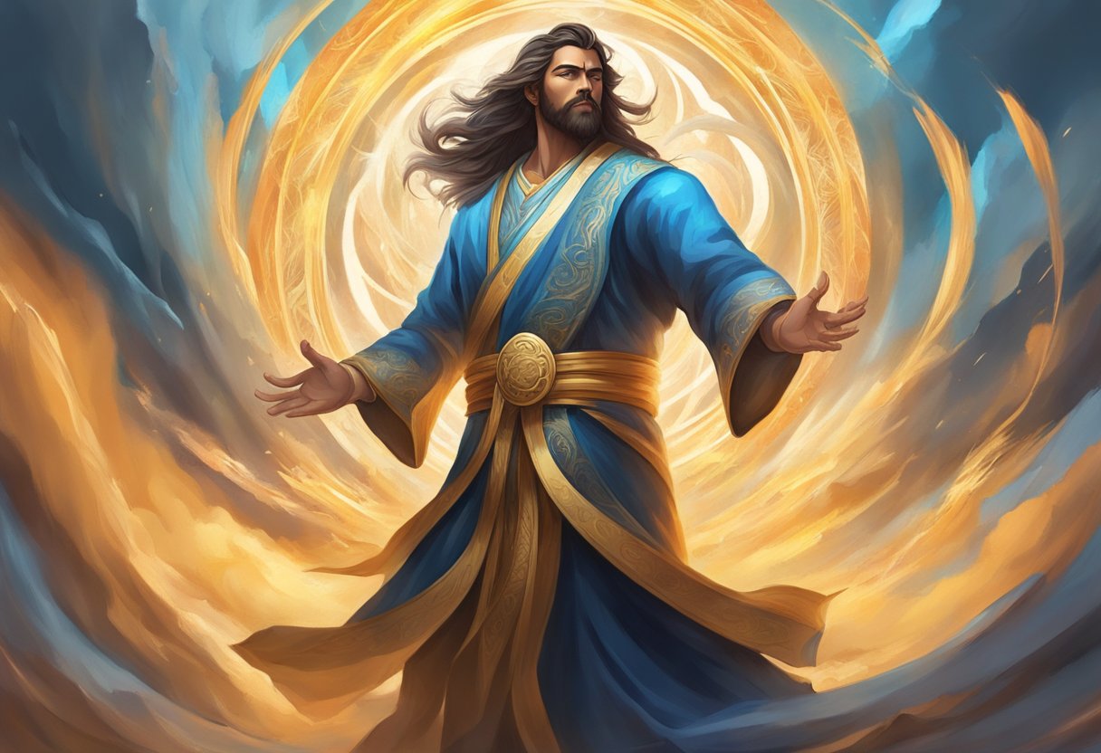 A figure stands in a powerful stance, surrounded by swirling energy, as they recite prayers of protection and strength against destructive forces