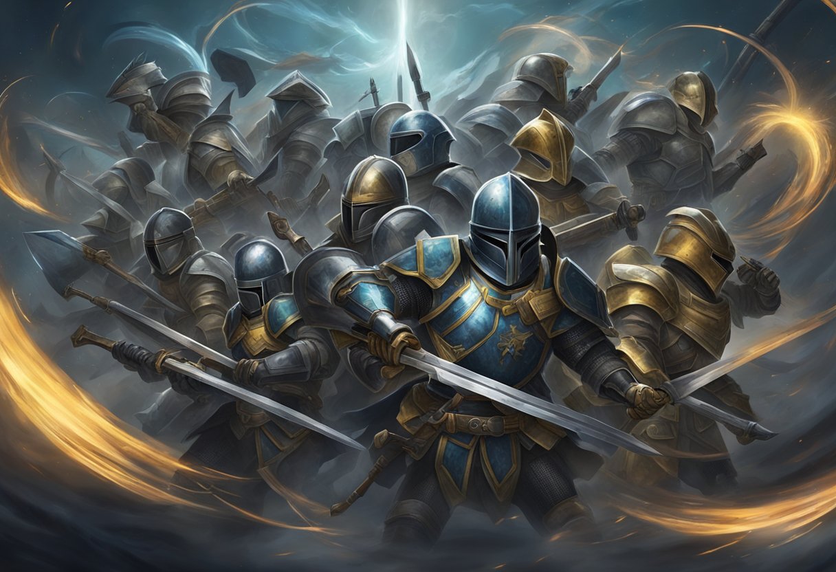 A collection of weapons and armor, including swords, shields, and helmets, arranged in a defensive formation against a swirling vortex of dark energy