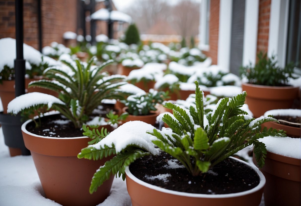 Potted plants sit on a snowy outdoor patio. A person carefully wraps the pots in insulating material to protect them from the cold. Snow and ice cover the ground, but the plants are shielded from the harsh winter weather