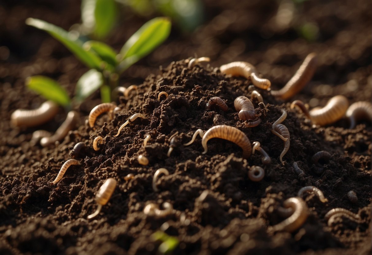 Rich, dark soil with visible organic matter and a crumbly texture. Earthworms and other beneficial organisms present