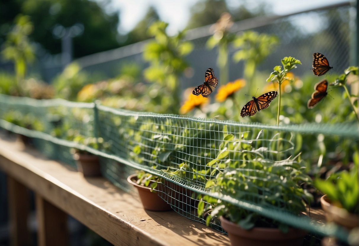 A garden surrounded by a mesh fence, with insect netting covering the plants. Pots are elevated on tables to prevent ground-dwelling pests