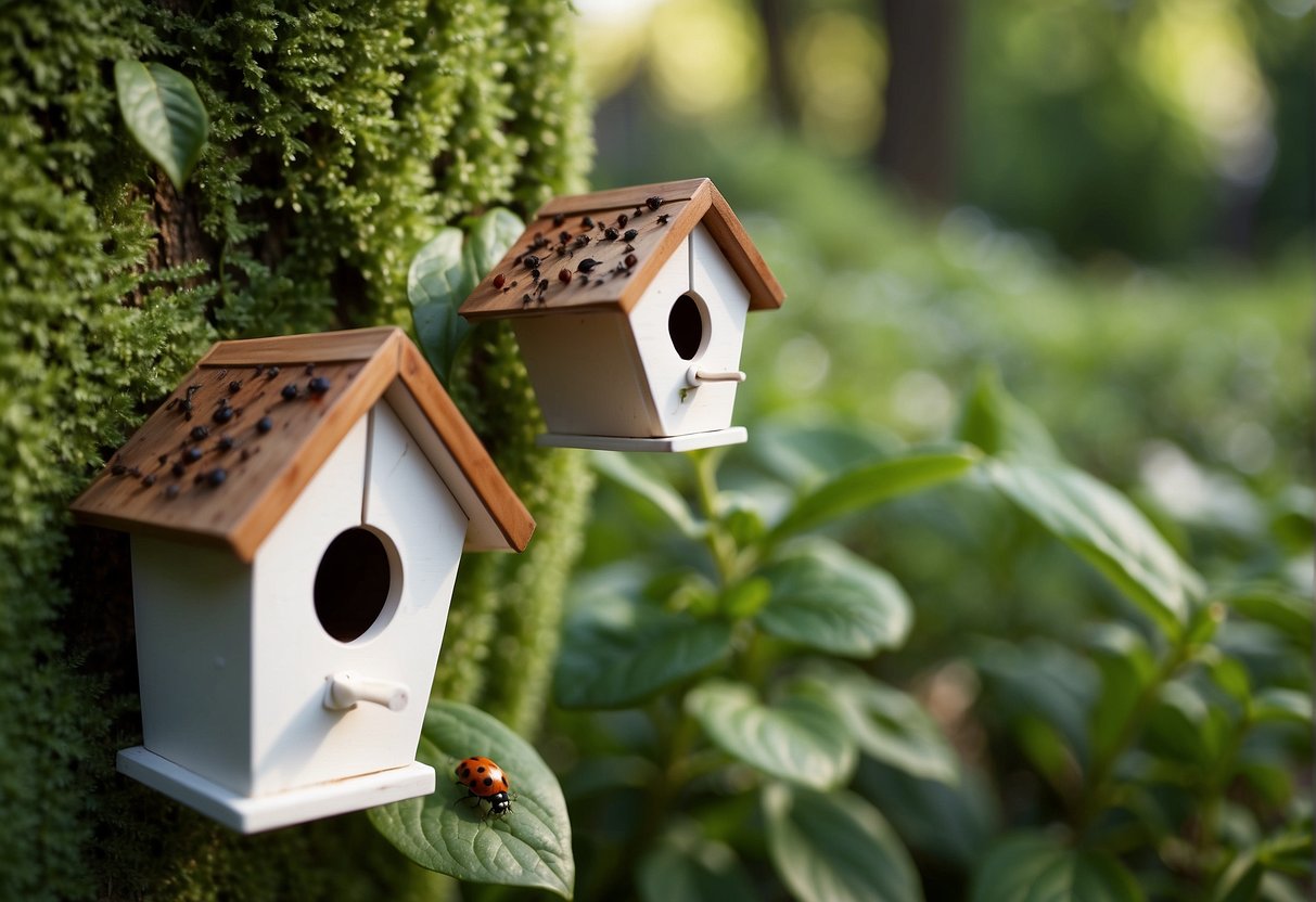 Lush garden with ladybugs, spiders, and praying mantises controlling pests on plants. Birdhouses and bat boxes provide additional natural predators