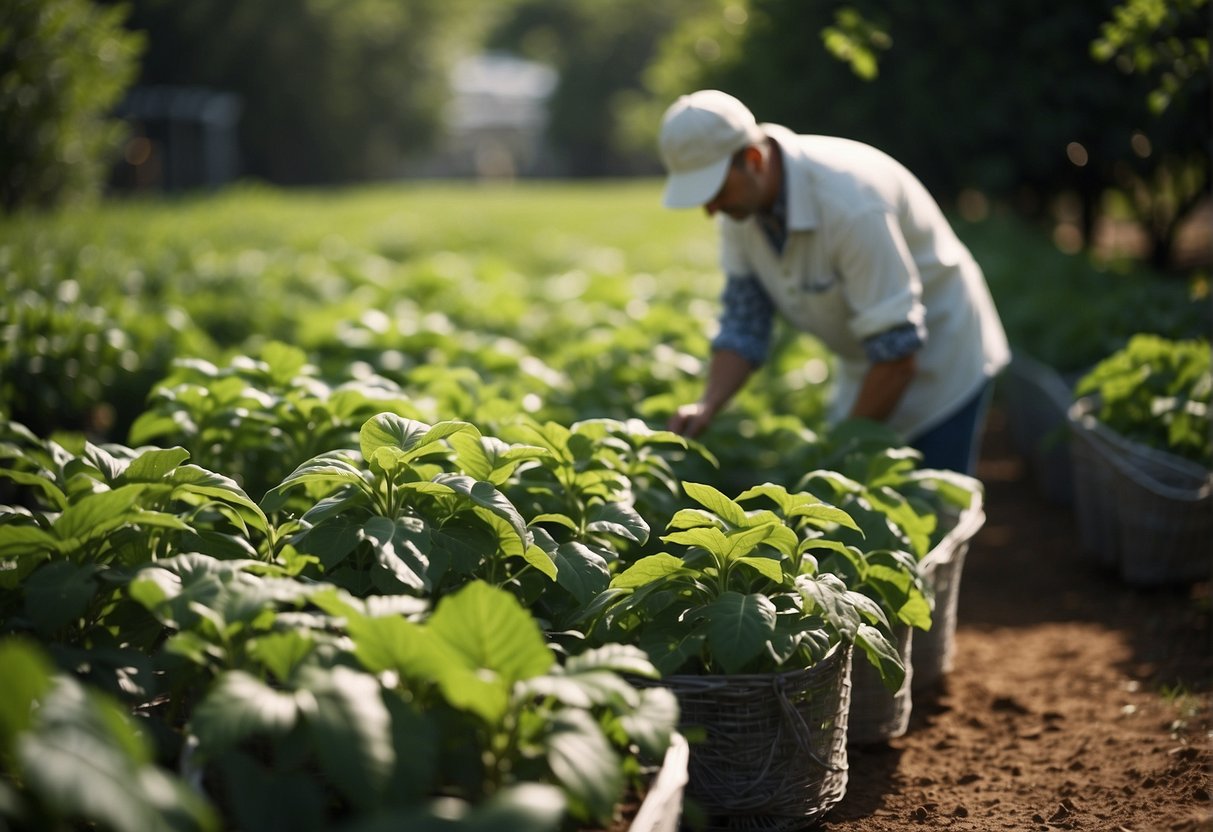 Lush green plants in rows, surrounded by protective netting. A gardener inspects leaves for signs of pests, while a spray bottle and insect traps sit nearby