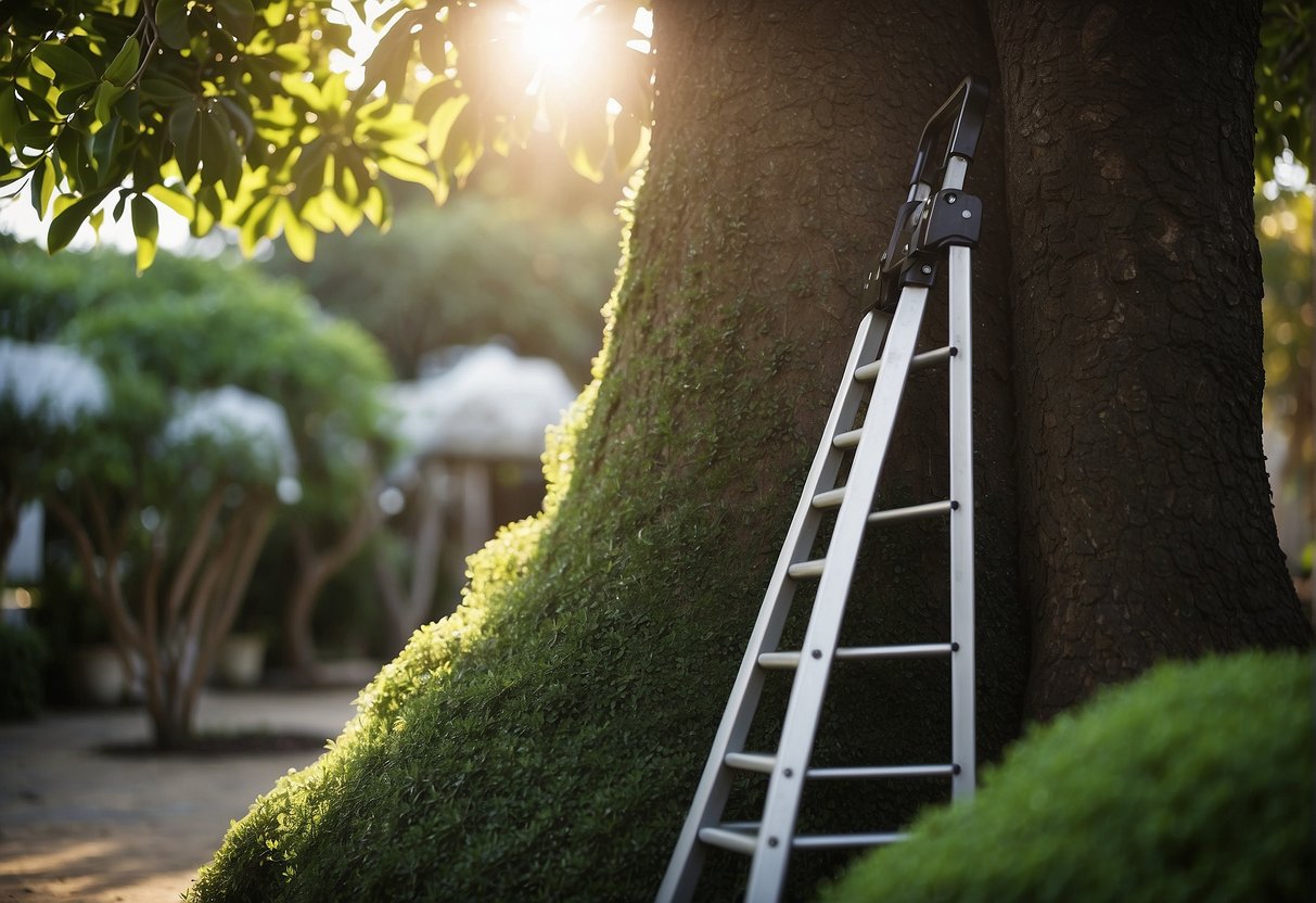 A ladder, pruning shears, gloves, and safety goggles are laid out next to a large outdoor ficus tree. The tree's branches are overgrown and in need of trimming