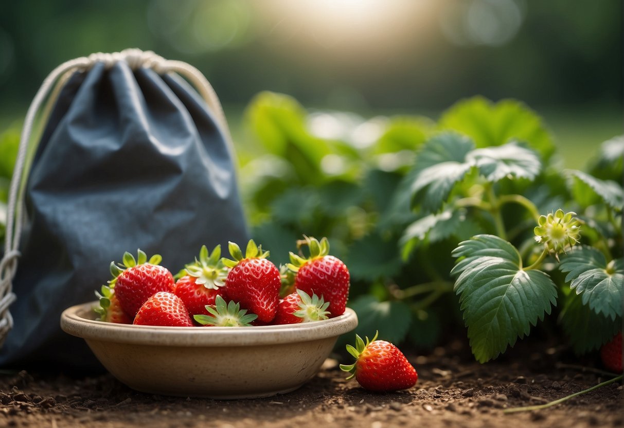 Strawberries need nitrogen-rich fertilizer. A bag of fertilizer next to a strawberry plant with lush green leaves and ripe red strawberries