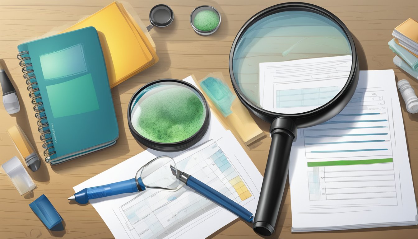 A table with mold testing kits, a magnifying glass, and a notebook. A moldy surface in the background