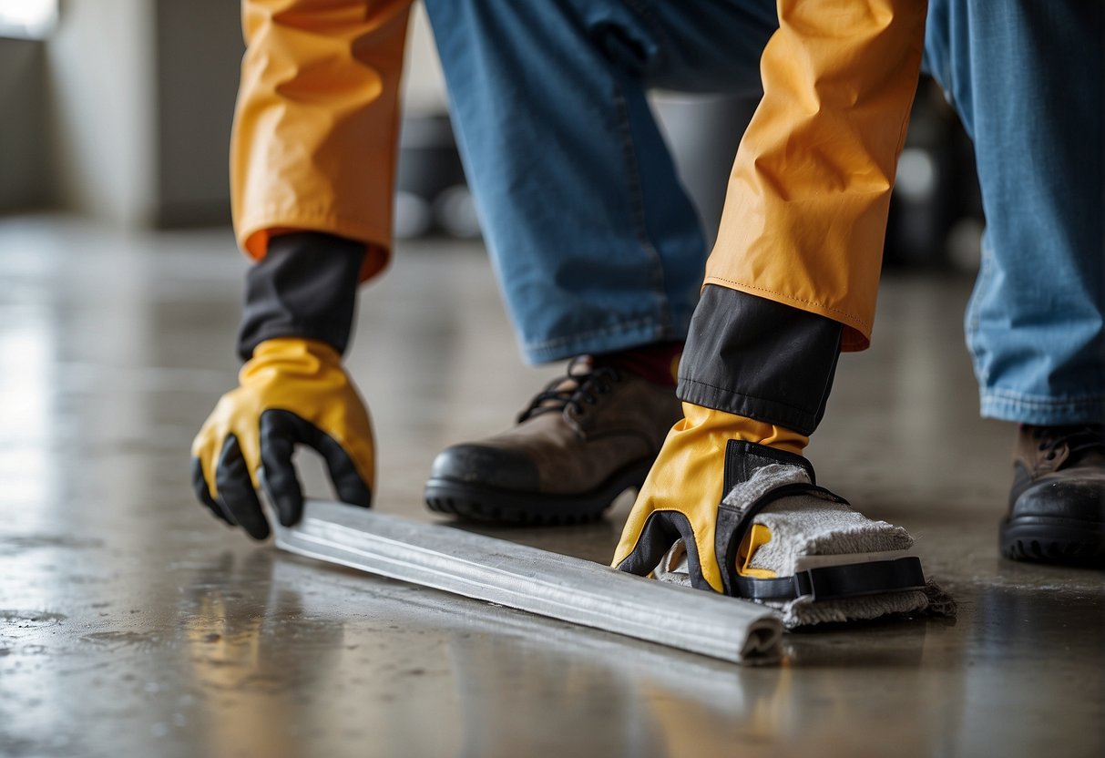 Concrete floor with outdoor carpet glue. Safety goggles, gloves, and mask. Use adhesive remover and scraper. Ventilation and proper disposal