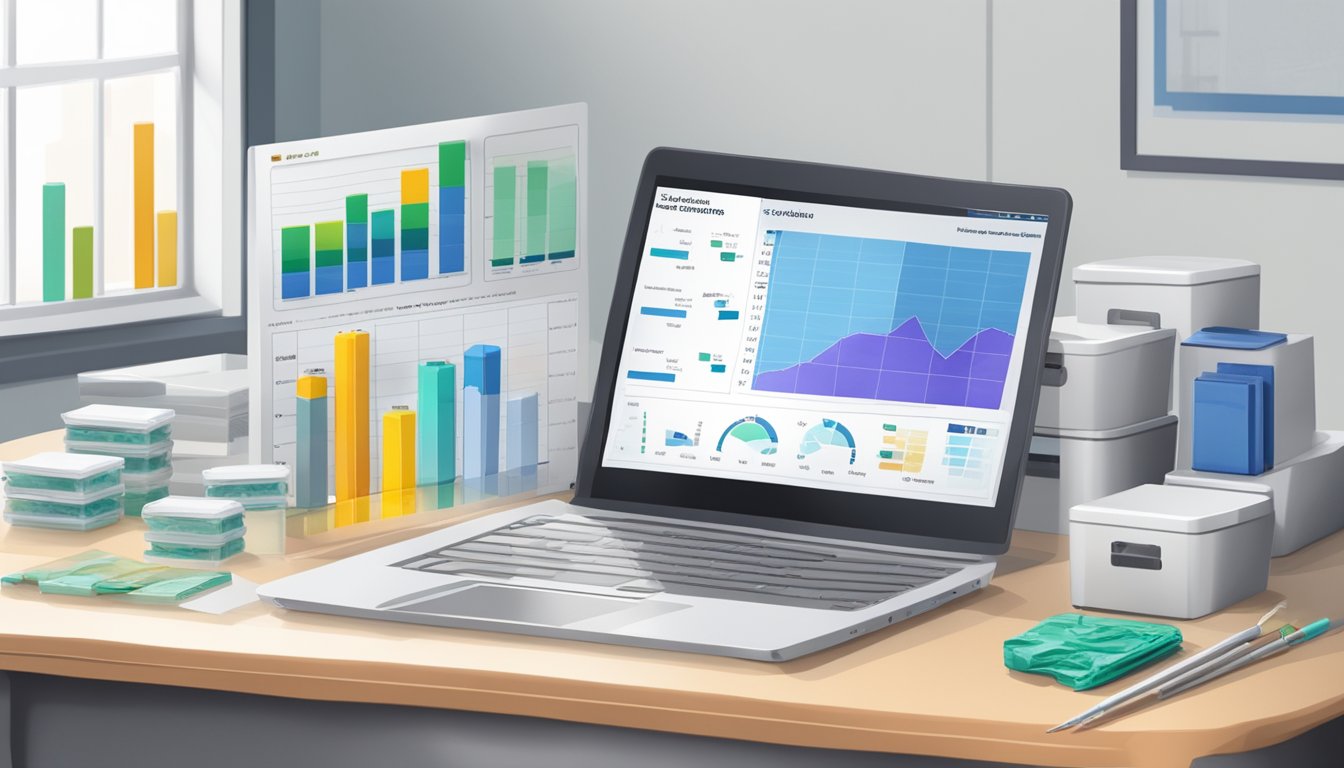 A table with mold testing kits, a laptop displaying results, and a chart showing comparison data