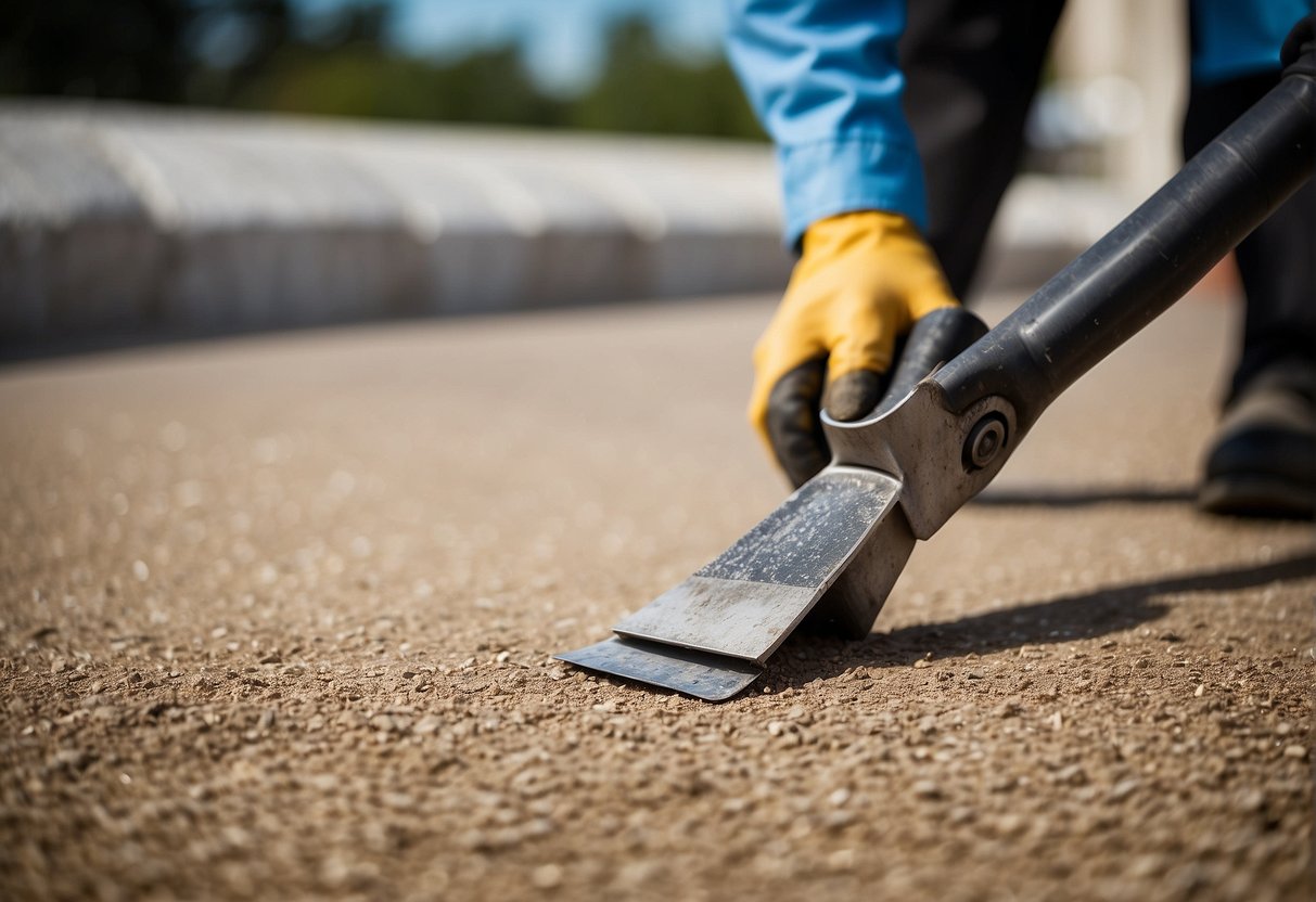 A scraper tool is used to remove outdoor carpet glue from concrete. The tool is held at a low angle to effectively scrape away the adhesive