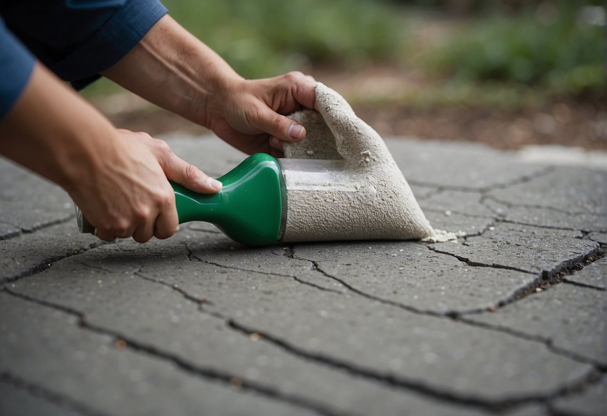 A person pours chemical solvent onto outdoor carpet glue on concrete, then scrapes it off with a putty knife