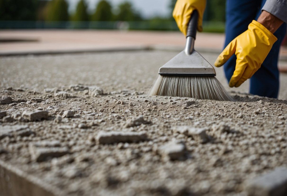 Concrete surface with remnants of outdoor carpet glue being removed using eco-friendly alternatives. Tools and products such as soy-based solvents and mechanical scrapers are being used in the process