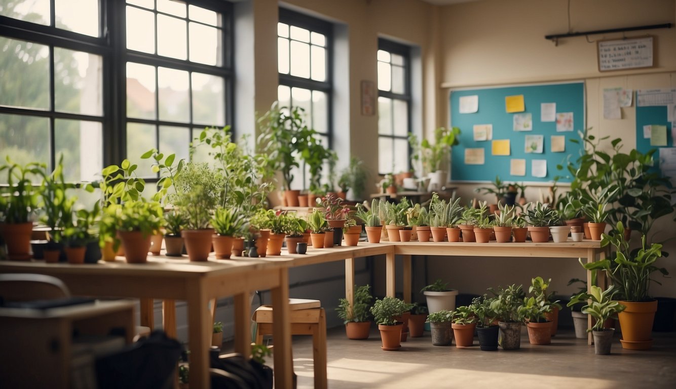 A colorful classroom with drawings of various plants on the walls. A small table with potted plants and gardening tools. A poster with labeled parts of a plant