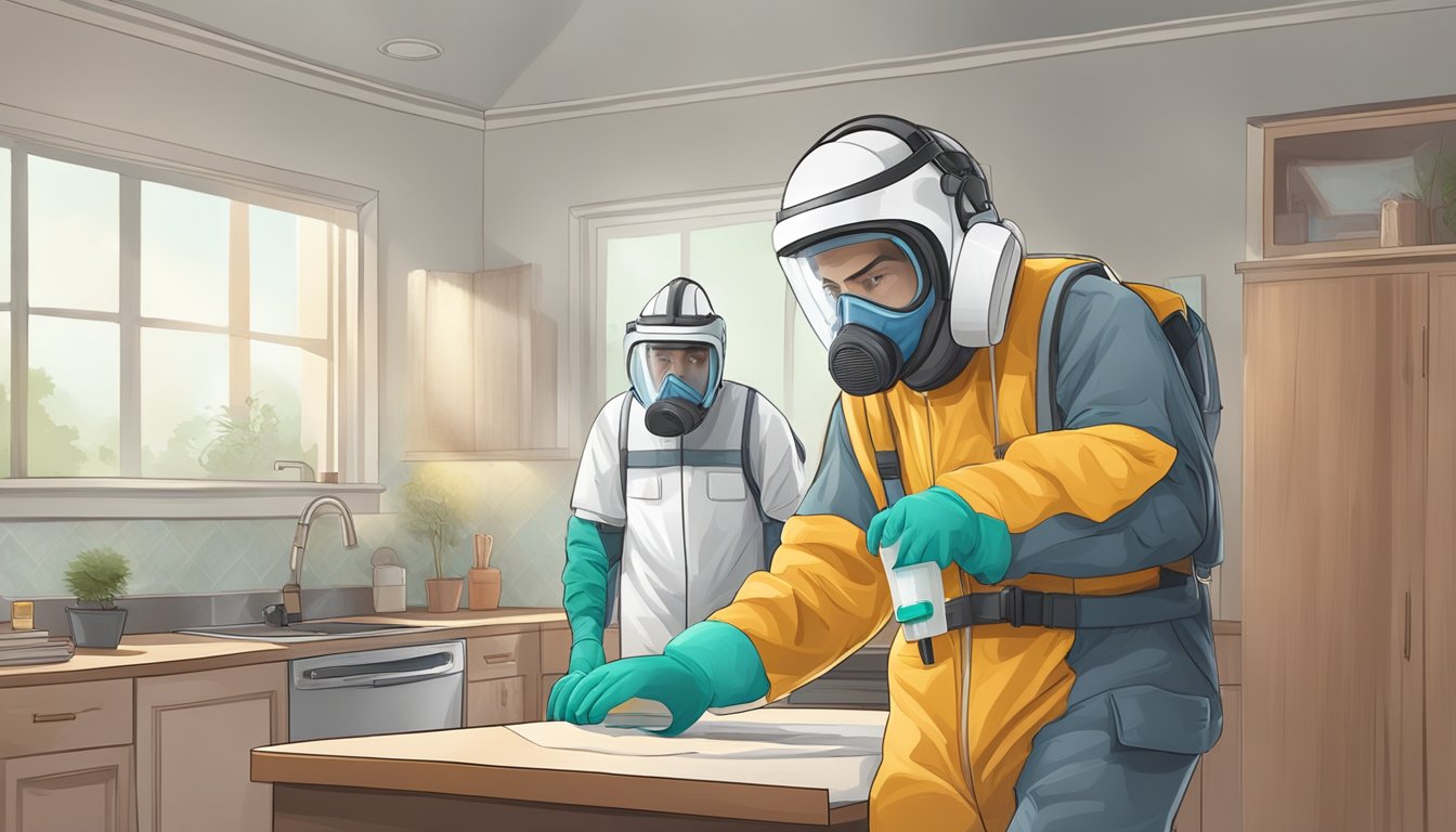A professional mold inspector wearing protective gear tests air quality in a home while a homeowner attempts a DIY mold inspection with inadequate safety precautions