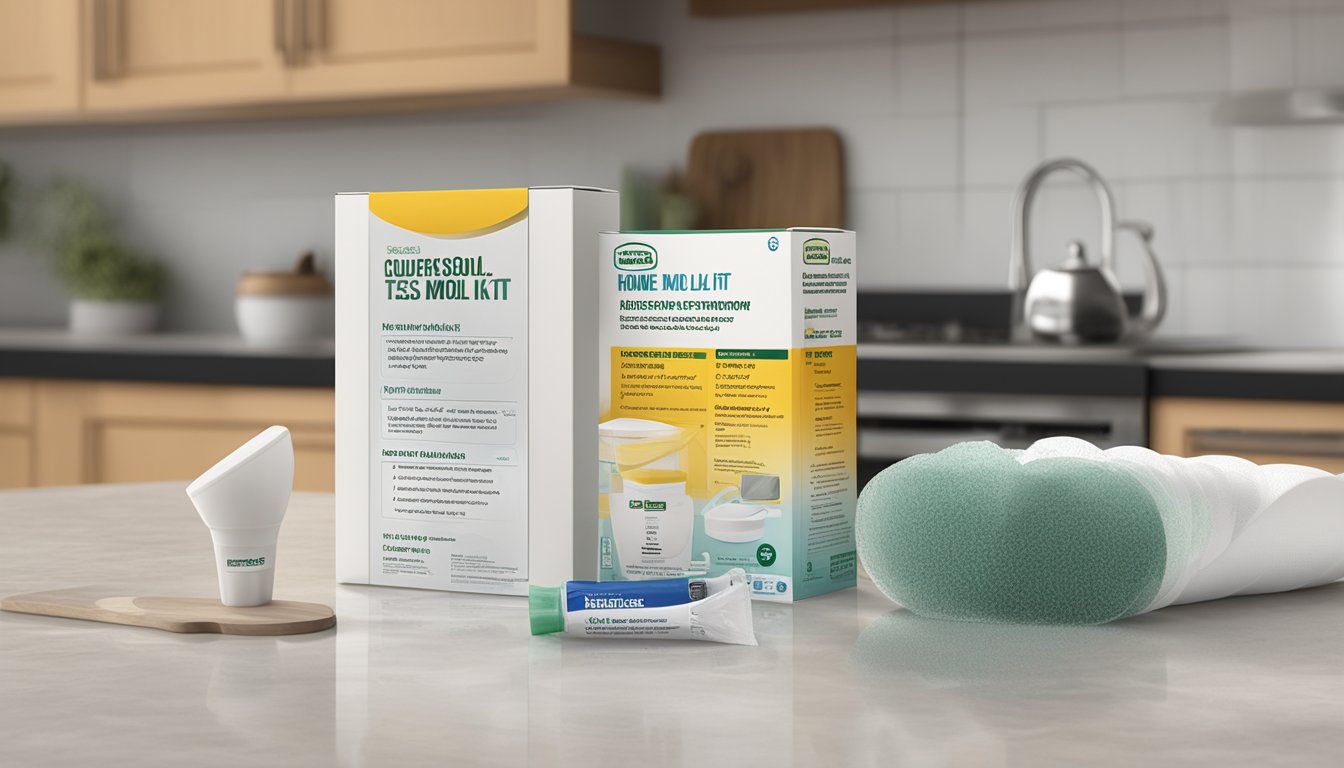 A home mold test kit sits on a kitchen counter, next to a damp area with visible mold. The kit's packaging shows clear instructions and a list of potential limitations