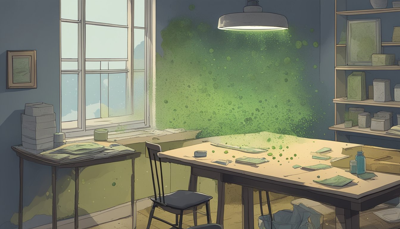 A moldy wall in a dimly lit room, with spores floating in the air. A home mold test kit sits on a nearby table, emphasizing its limitations
