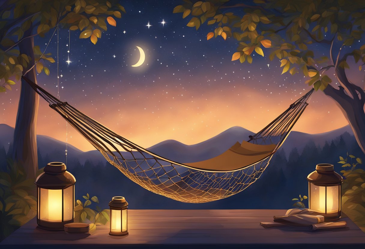 A hammock sways under a starry sky, surrounded by soft glowing lanterns. A small table holds a carafe of wine and two glasses, while a gentle breeze rustles the leaves of nearby trees