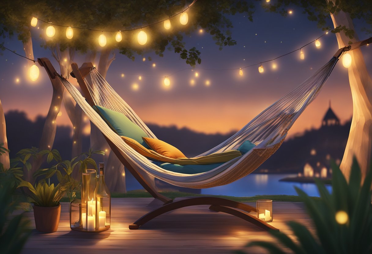 A hammock hangs between two trees, softly swaying in the evening breeze. Fairy lights are strung above, casting a warm glow over the cozy setup. A small table is set with candles and a bottle of wine, creating the perfect ambiance for