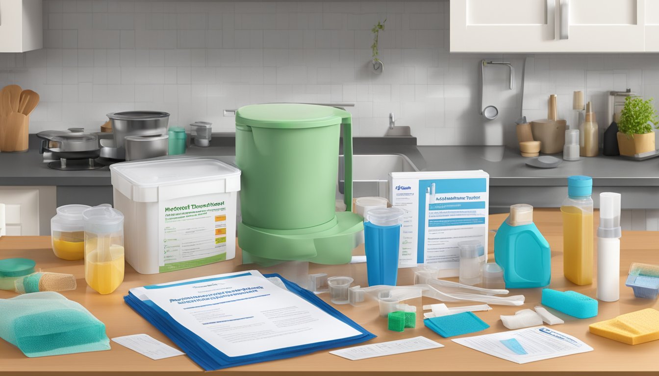 A home mold test kit sits on a kitchen counter, surrounded by various household items. The kit's instructions are open and being read, while a small sample of mold is being collected for testing