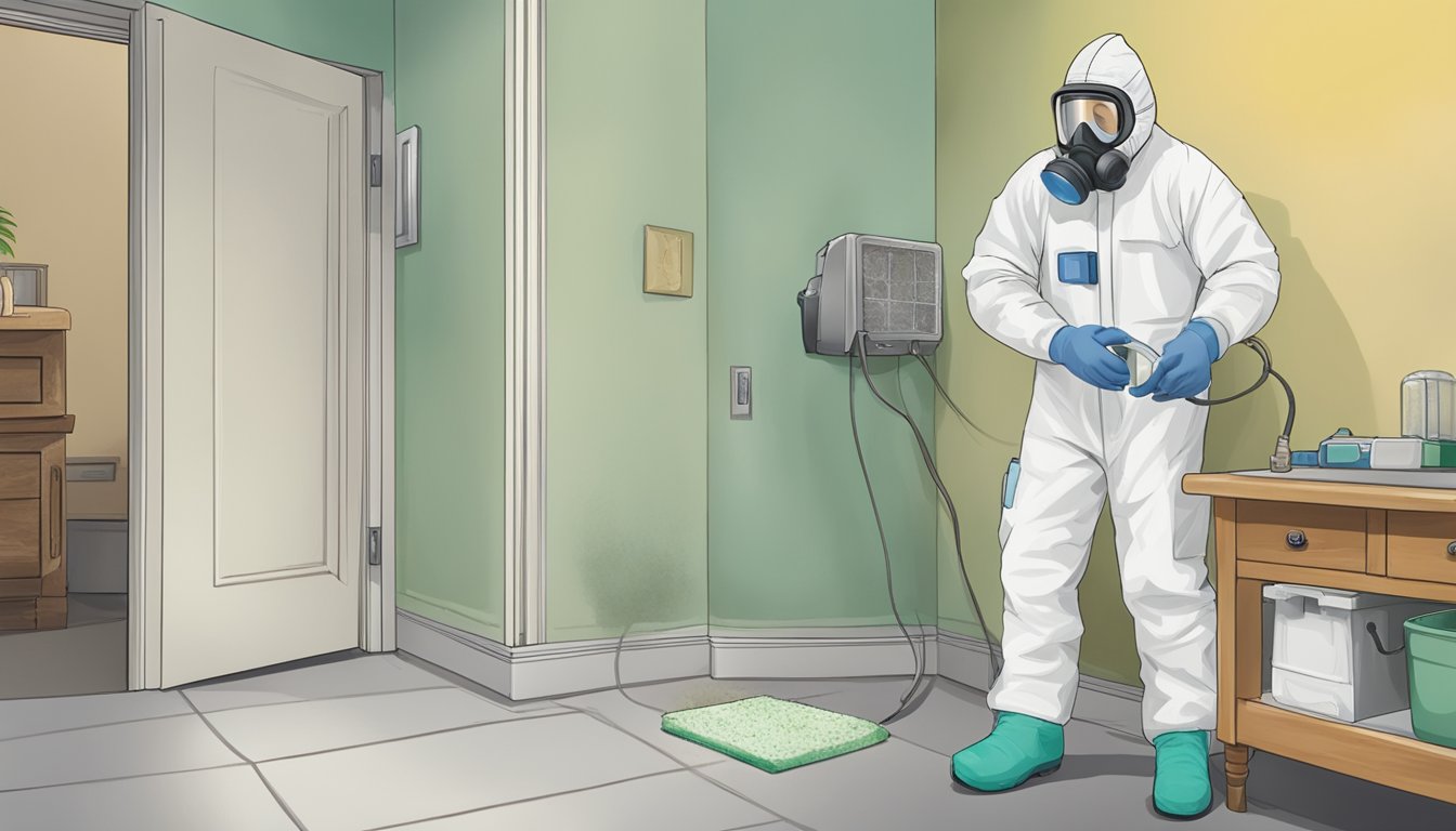 A technician in protective gear removes mold from a wall, while a home mold test kit sits nearby, highlighting its limitations
