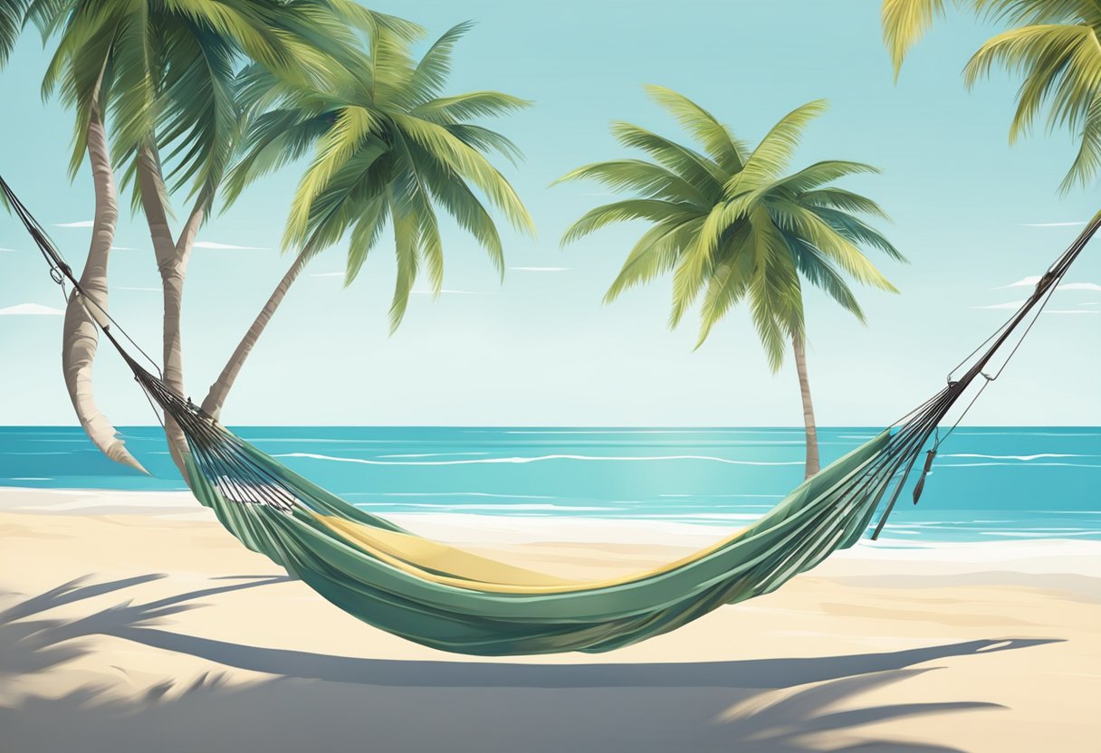 Two empty hammocks sway gently in the breeze, suspended between two palm trees on a pristine beach
