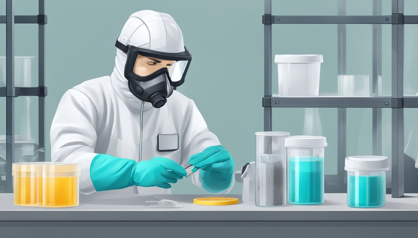 A professional mold tester carefully collects samples in a sealed container, wearing protective gear and using specialized tools for accurate analysis