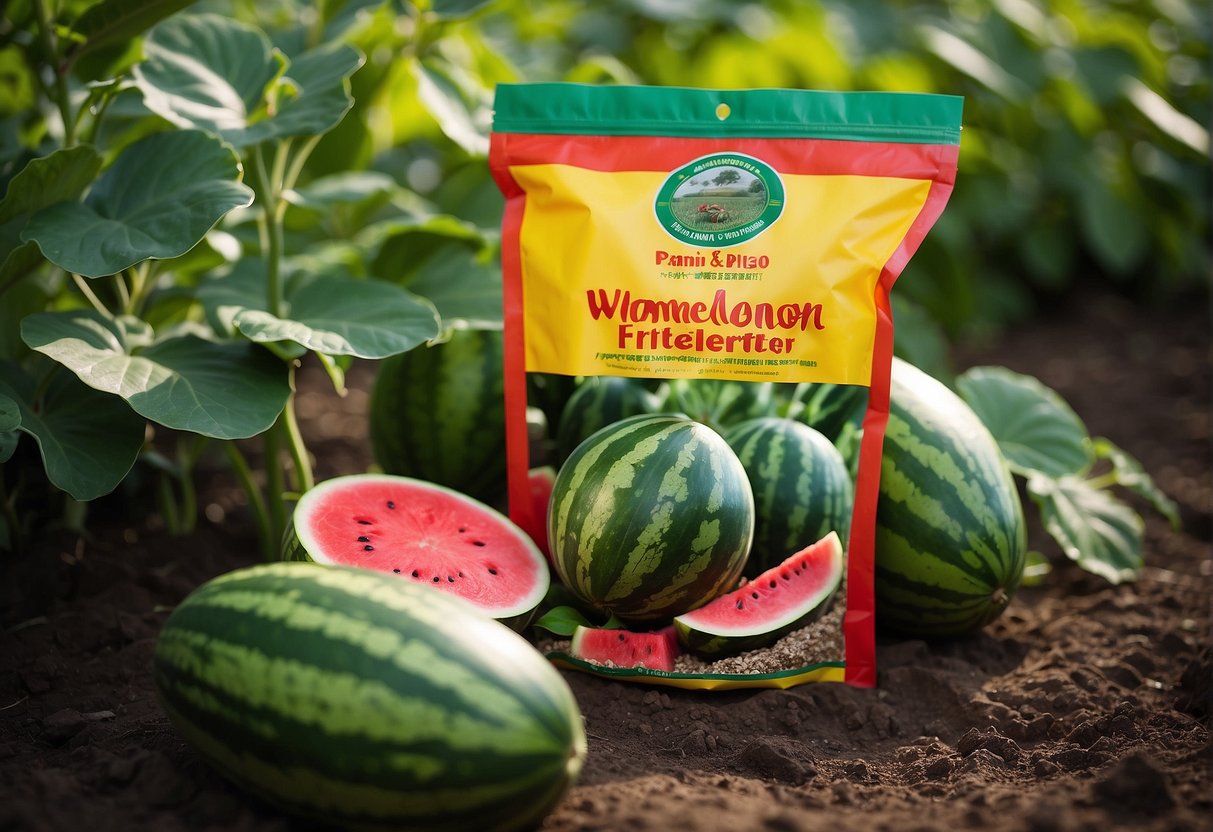A bag of watermelon fertilizer sits next to a thriving watermelon plant in a sunny garden
