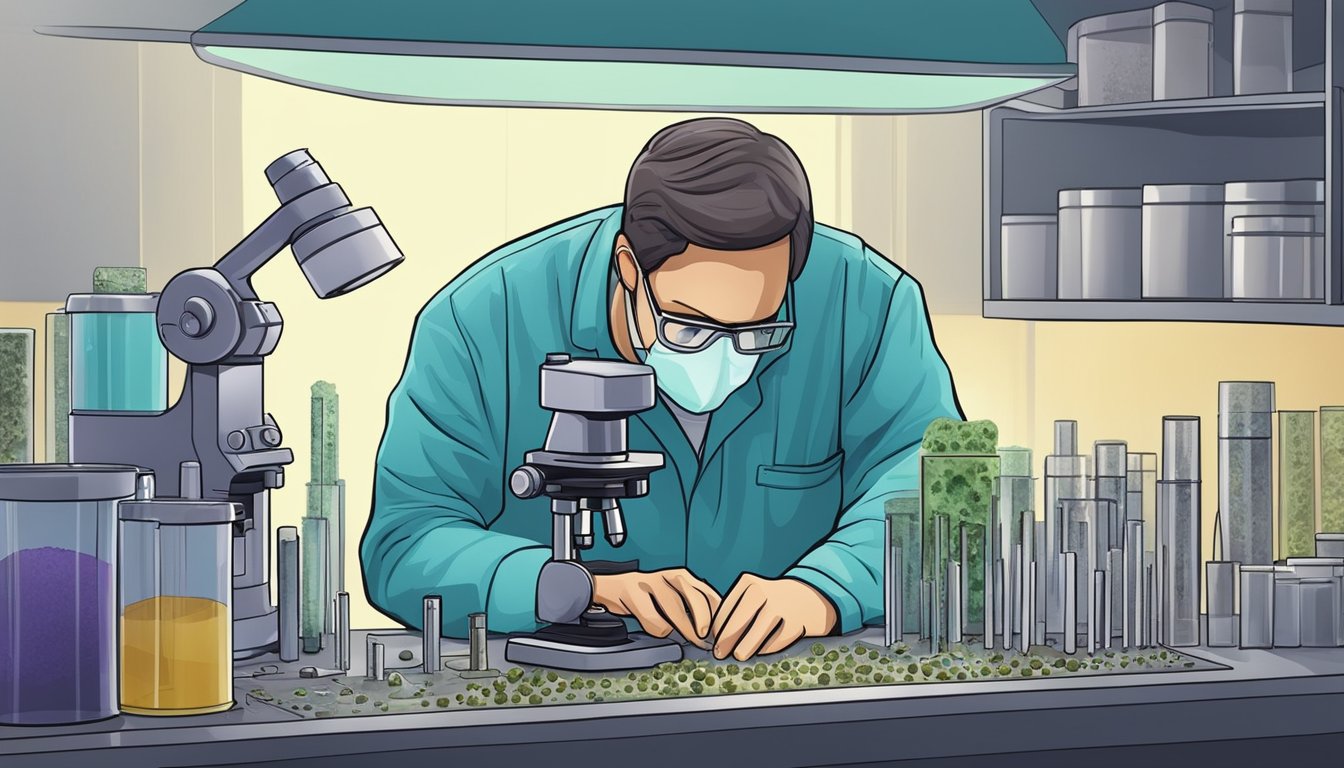 A professional mold tester carefully examines various mold samples under a microscope, using specialized equipment to accurately identify the type of mold present