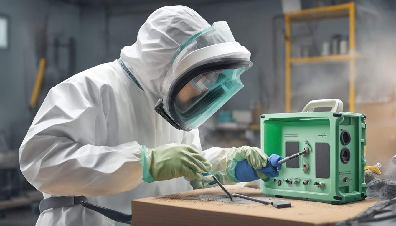 A professional mold inspector in full protective gear conducts thorough testing in a mold-infested area, using specialized equipment and techniques beyond DIY kits