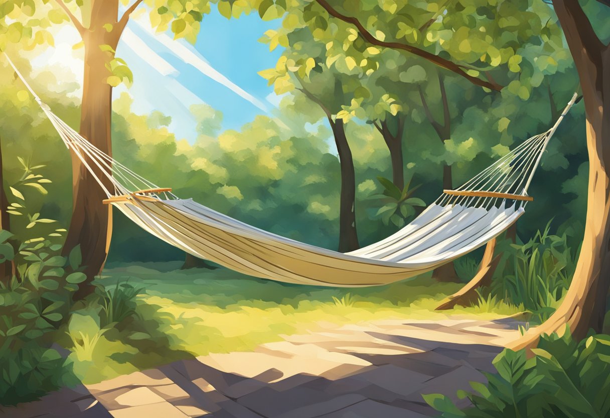 A hammock sways gently between two trees, bathed in dappled sunlight. The surrounding foliage rustles in the breeze, creating a soothing atmosphere