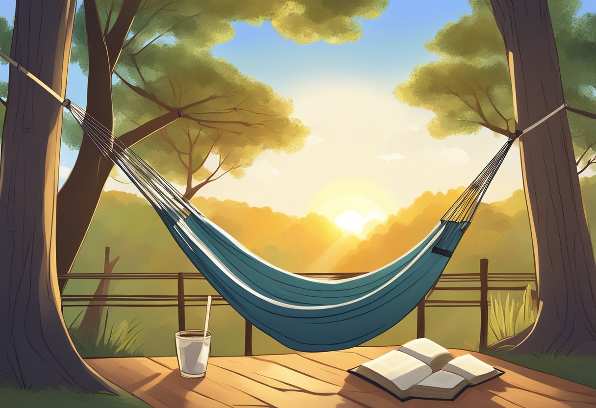 A hammock hangs between two trees, with the sun casting a warm glow. A book and a refreshing drink sit nearby, inviting relaxation