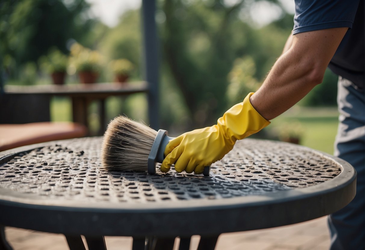 Outdoor furniture, covered in mold, is being scrubbed with a brush and cleaning solution to remove the mold