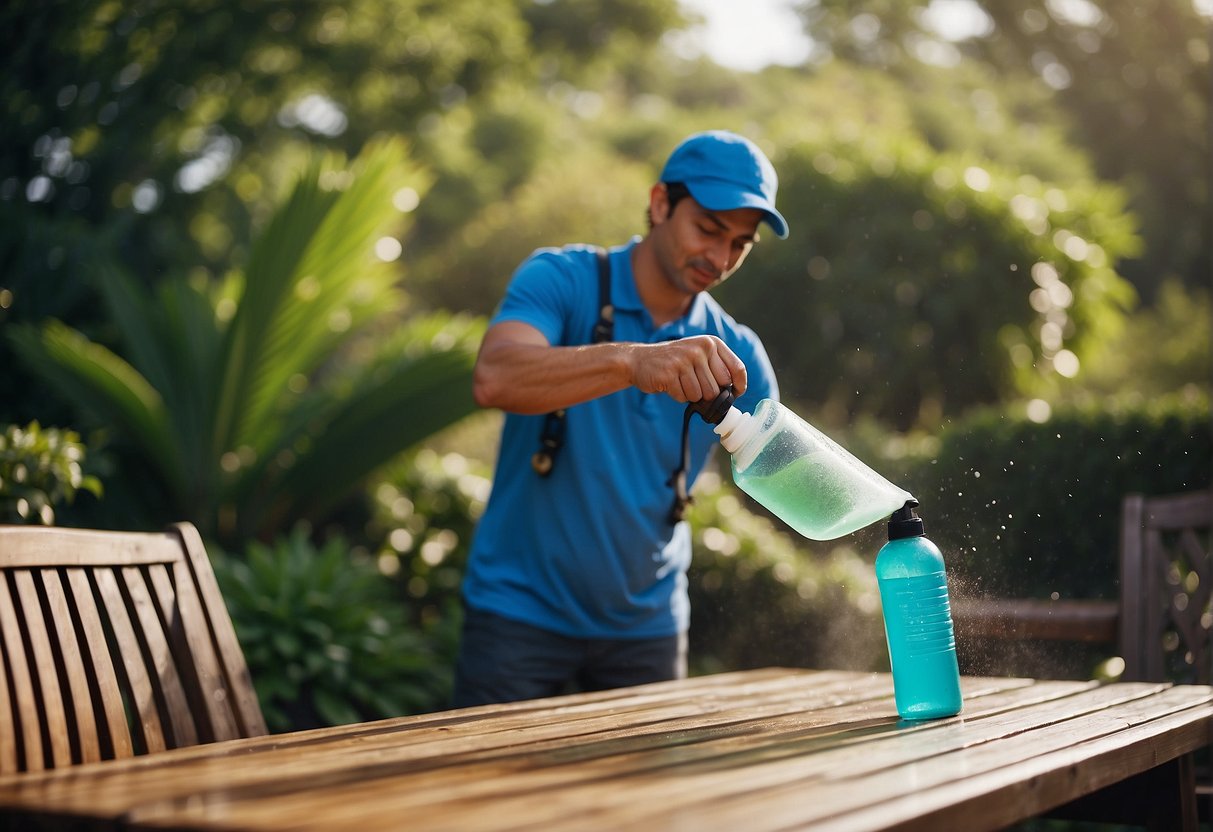 A person spraying a solution on moldy outdoor furniture, scrubbing with a brush, and then rinsing with water