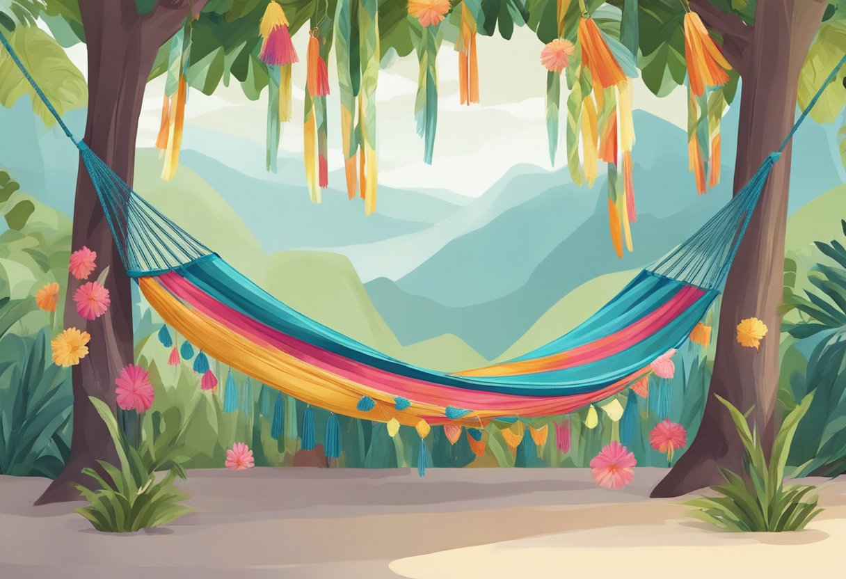 A hammock hangs between two trees, adorned with colorful patterns and tassels. The fabric drapes elegantly, creating a stylish and inviting look