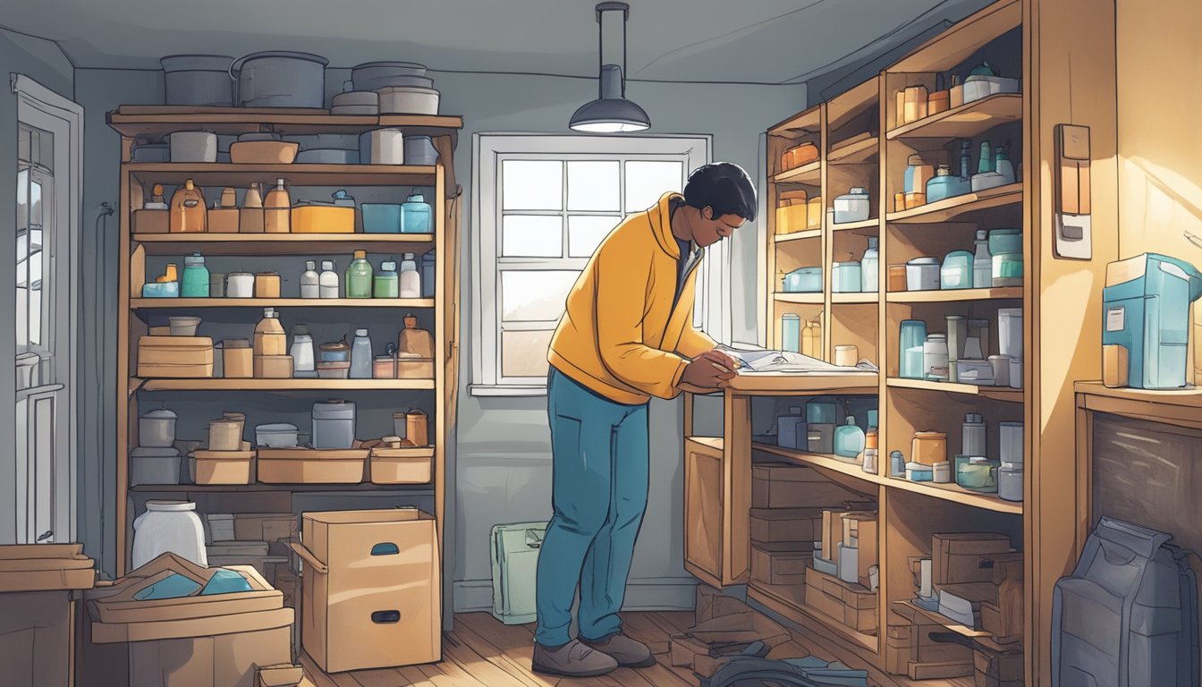 A homeowner holds a DIY mold testing kit, surrounded by cluttered shelves and a damp, musty basement. Light streams in through a small window, illuminating the potential hazards lurking in the air