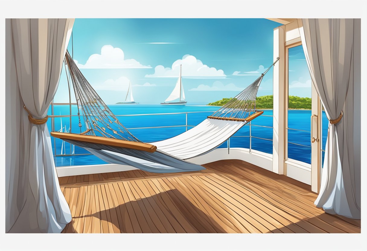 A hammock sways on a luxurious yacht deck, overlooking the sparkling blue sea
