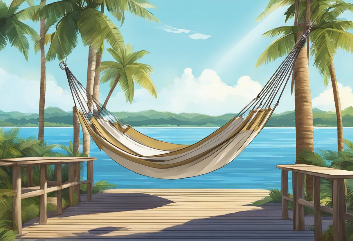 A yacht hammock hangs between two poles on the deck, made of sturdy canvas and secured with strong ropes. The hammock sways gently in the breeze, offering a comfortable spot for relaxation