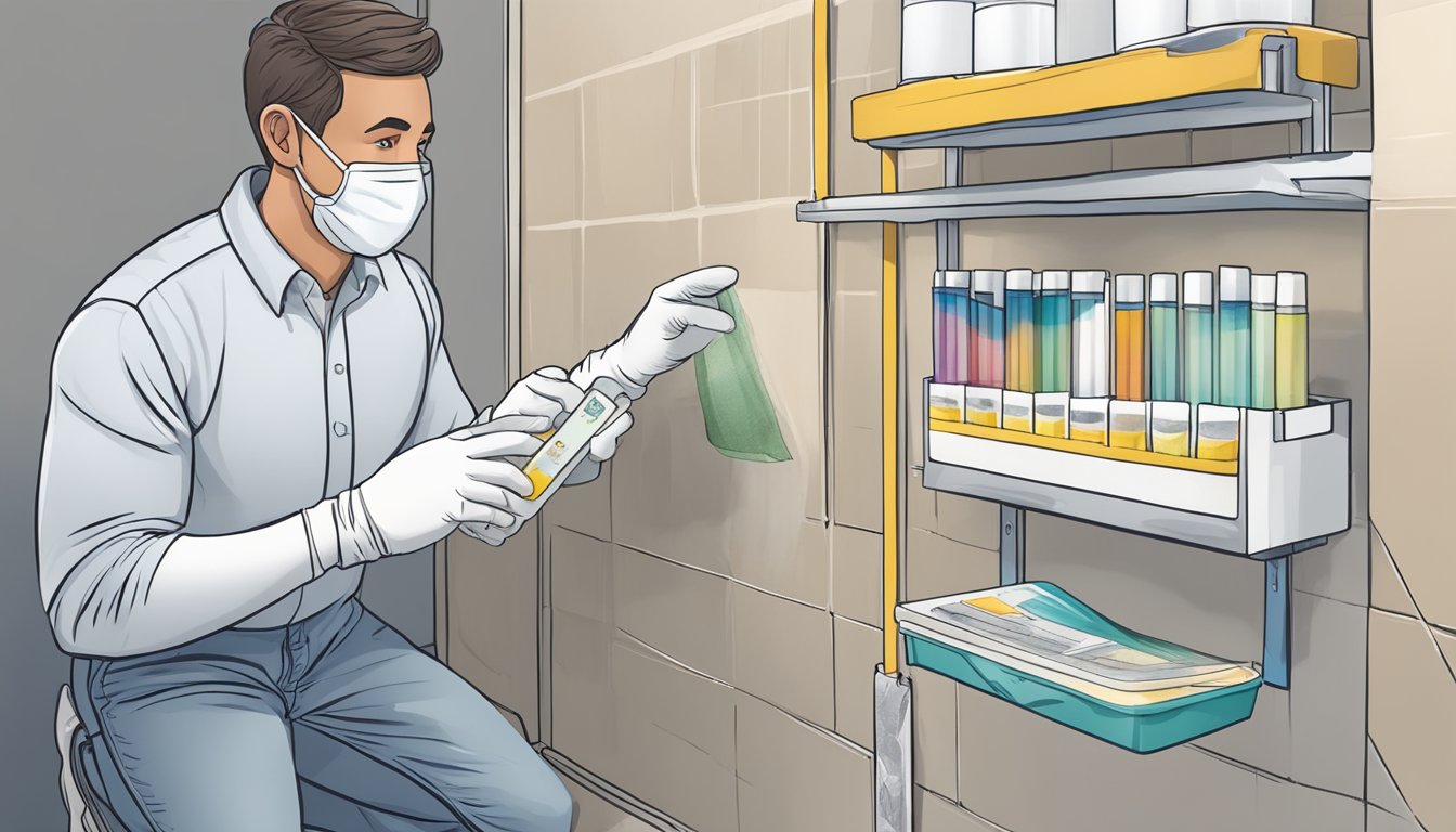 A homeowner holds a DIY mold testing kit, examining a wall for potential mold growth. The kit includes test strips, gloves, and instructions