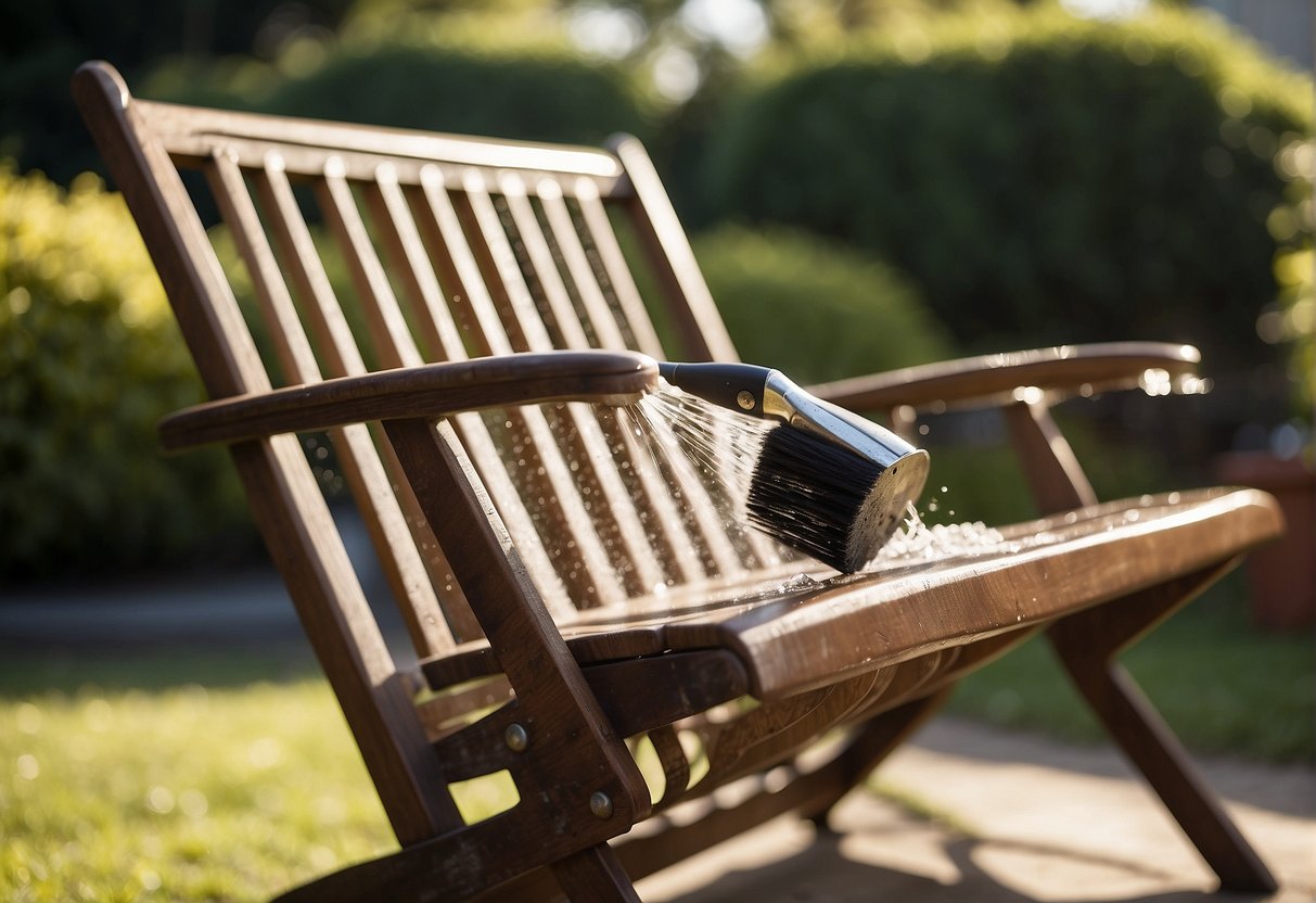 Outdoor furniture being scrubbed with a brush and mold remover, then rinsed with a hose. Sunlight dries the furniture