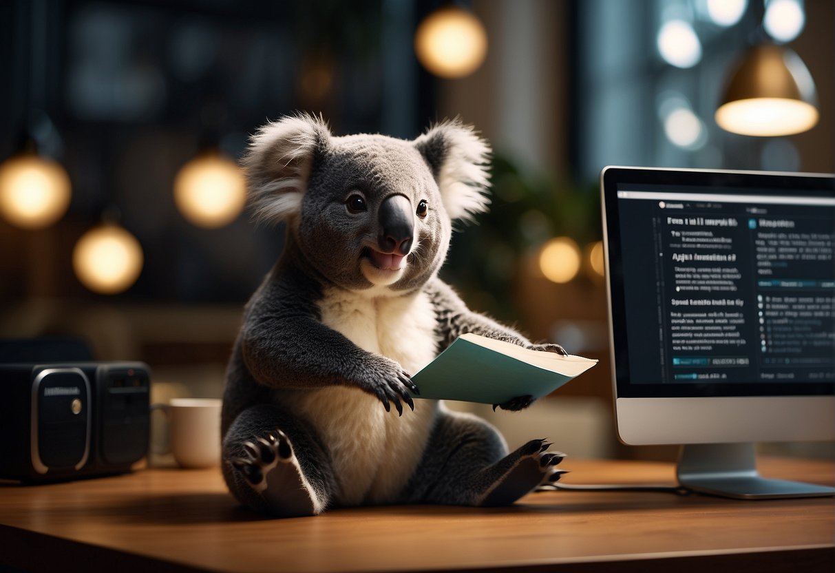 A koala writer happily uses the new feature, surrounded by glowing testimonials and successful case studies