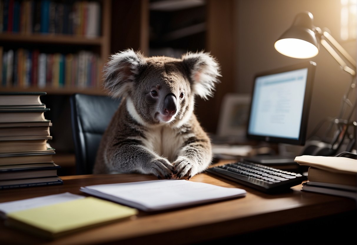 A koala sits at a desk typing on a computer, surrounded by books and papers. A "Conclusion" heading is visible on the screen