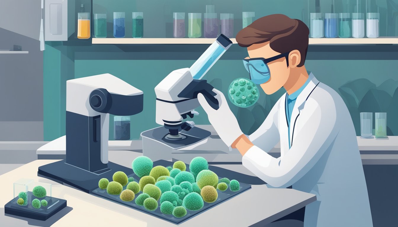 A lab technician carefully examines mold samples under a microscope, analyzing the spore count and identifying potential health hazards