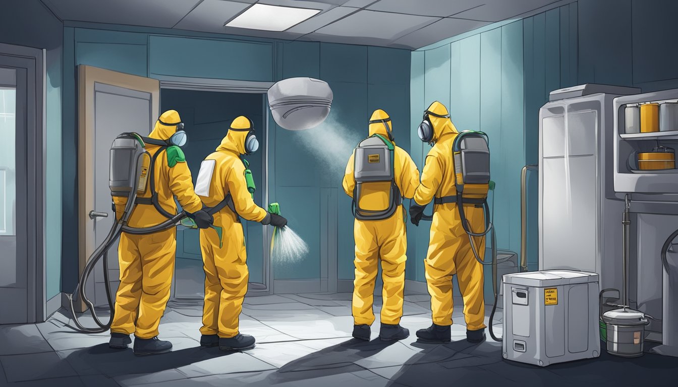 A team in hazmat suits removes mold from a damp, dark room. Equipment includes air scrubbers and dehumidifiers. Warning signs are posted outside the area