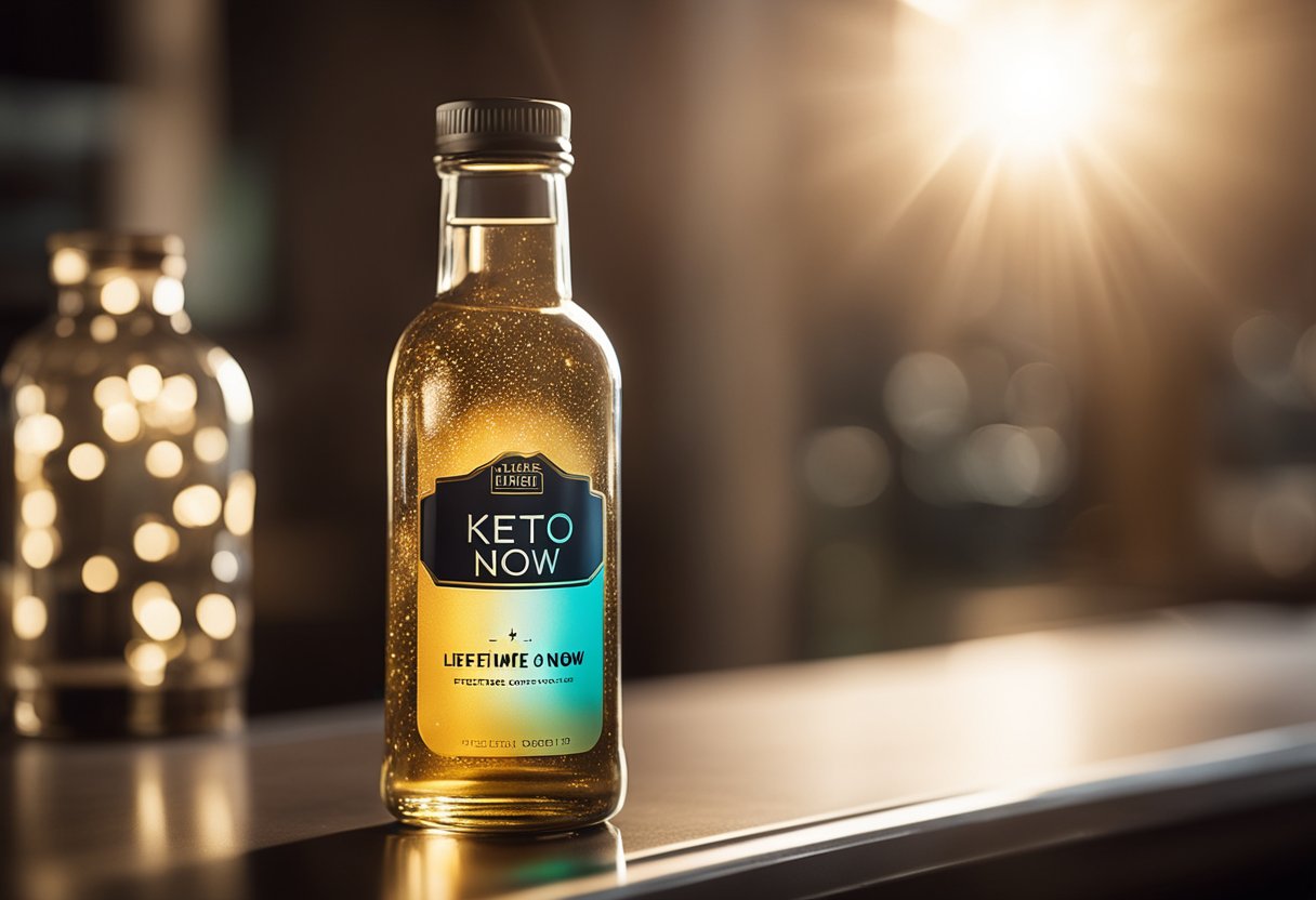 A glowing, radiant light bursts forth from a sleek, modern bottle with the words "Lifetime Keto Now" emblazoned across the label