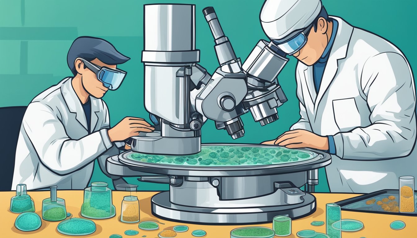 A microscope reveals mold spores on a petri dish, while a professional mold inspector uses specialized equipment to test air quality