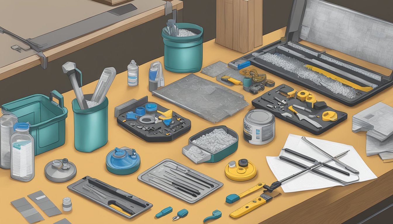 A cluttered workbench with DIY mold test kits next to professional assessment tools. Labels indicate cost and value differences