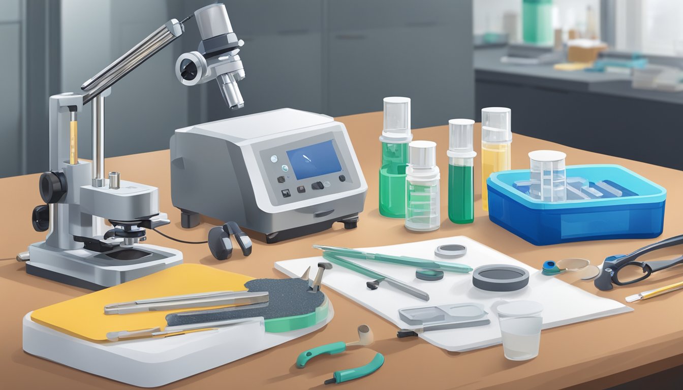 A mold test kit sits next to professional assessment tools on a table, with a microscope and lab equipment in the background