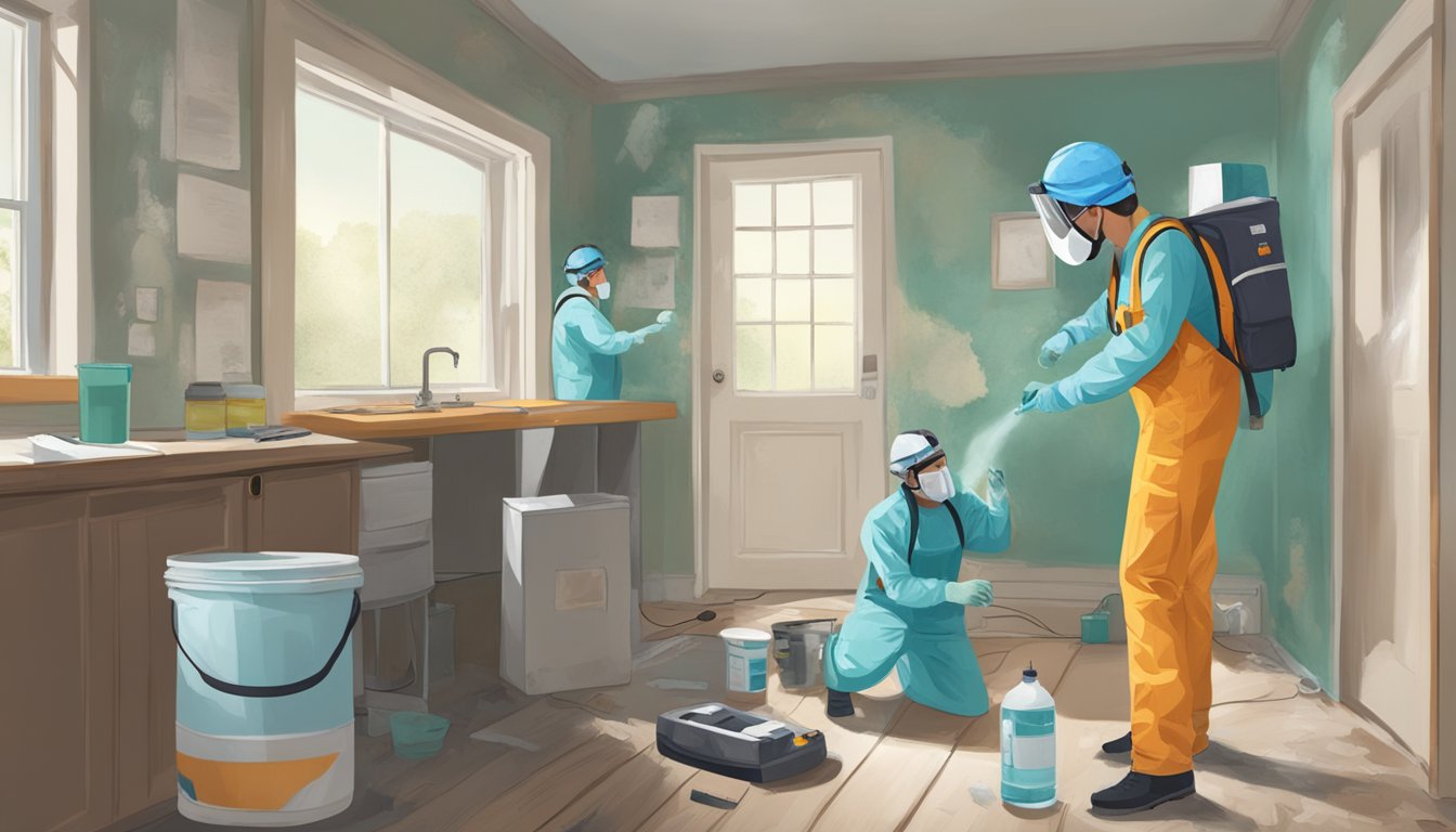 A home with visible mold growth on walls and ceilings, a person using a testing kit, and a professional in protective gear assessing the situation