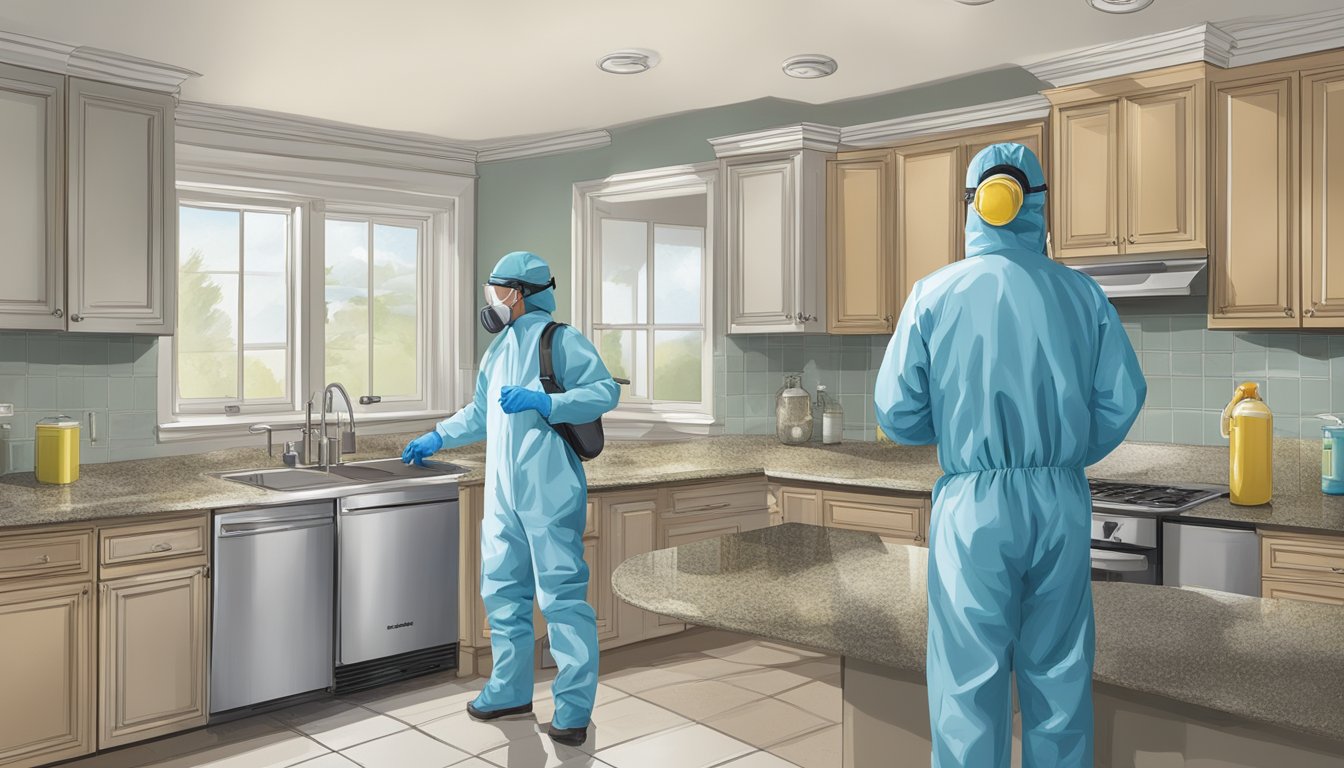 A person in protective gear assesses mold growth in a home, using testing equipment and consulting with professionals. Safety protocols are followed throughout the remediation process